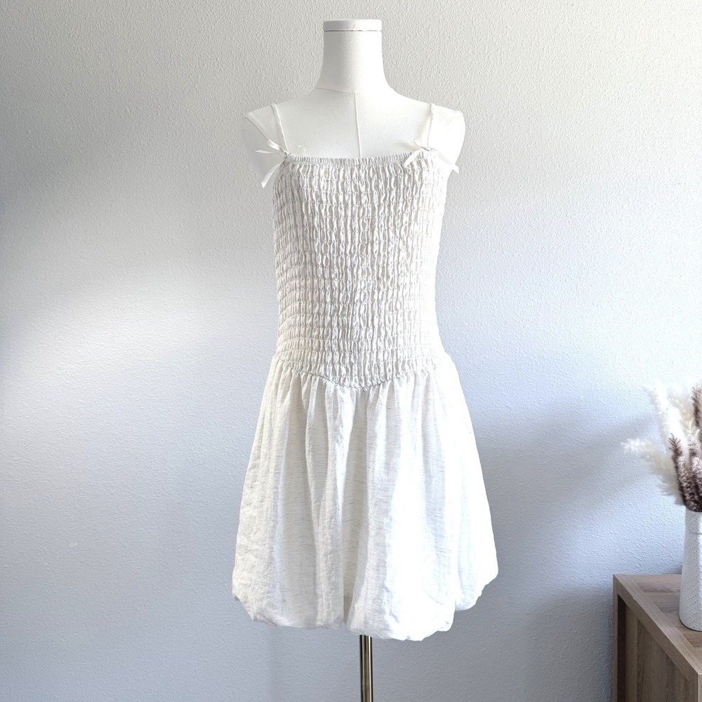 Romantic Sienna Sky Smocked Bubble Hem Balloon Mini Dress Cream Linen Blend XL